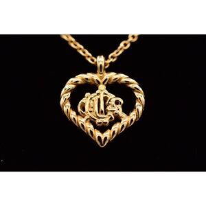 Christian Dior Vintage Heart Insignia Logo Pendant Necklace Script Monogram Bin1